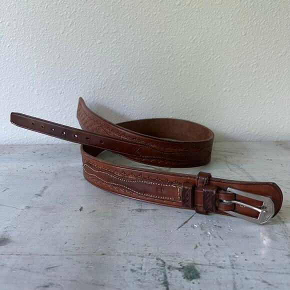 Vintage leather Ranger belt with belt buckle tooled embossed western cowboy 32 - Picture 9 of 14